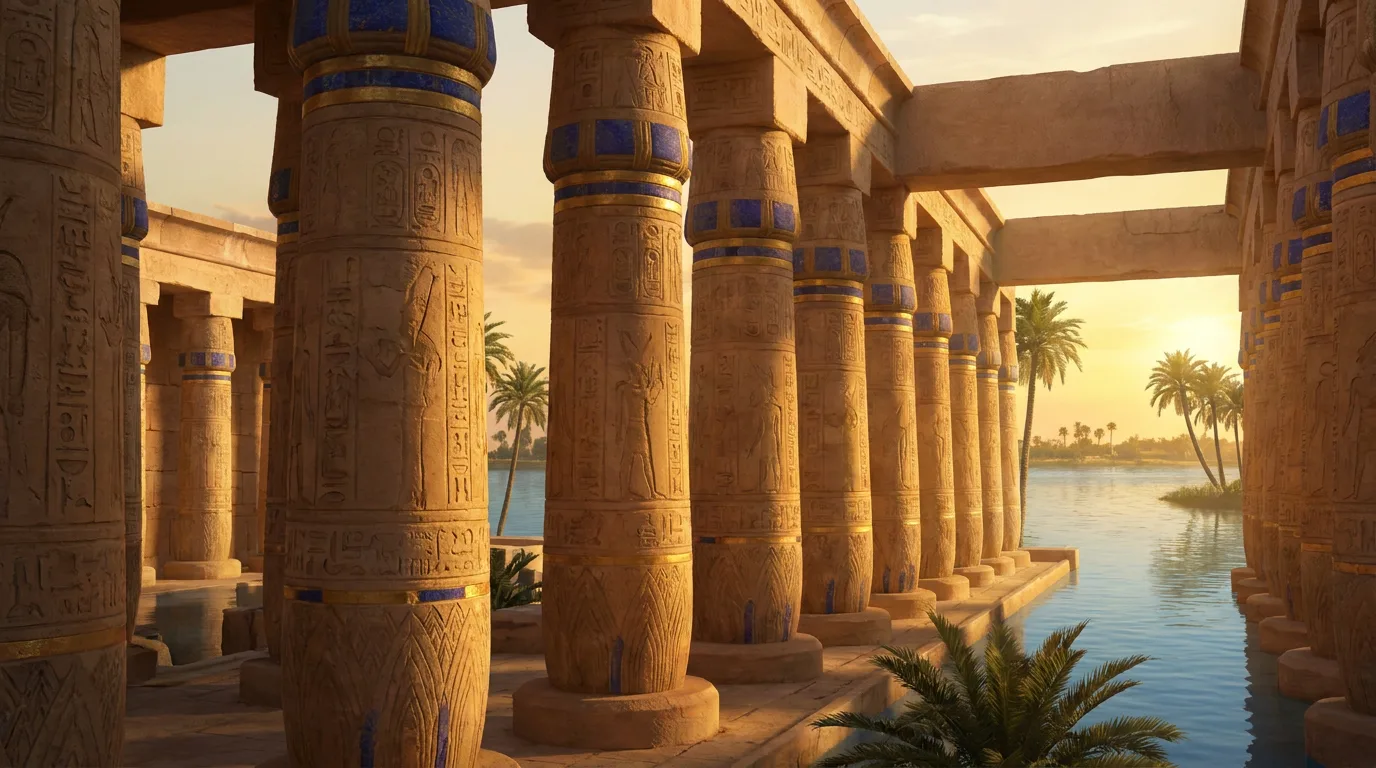 A painted ancient Egyptian sandstone temple colonnade beside the Nile at golden hour, hieroglyph-carved columns receding into warm light